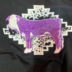Black T-Shirt with Purple Paisley Cow Design